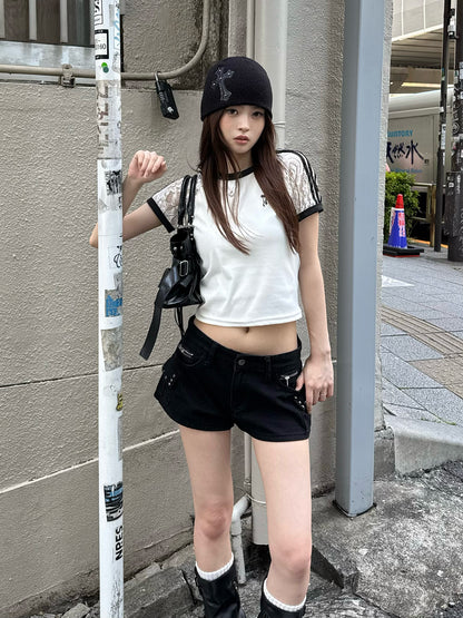 ラインスリーブレースTシャツ