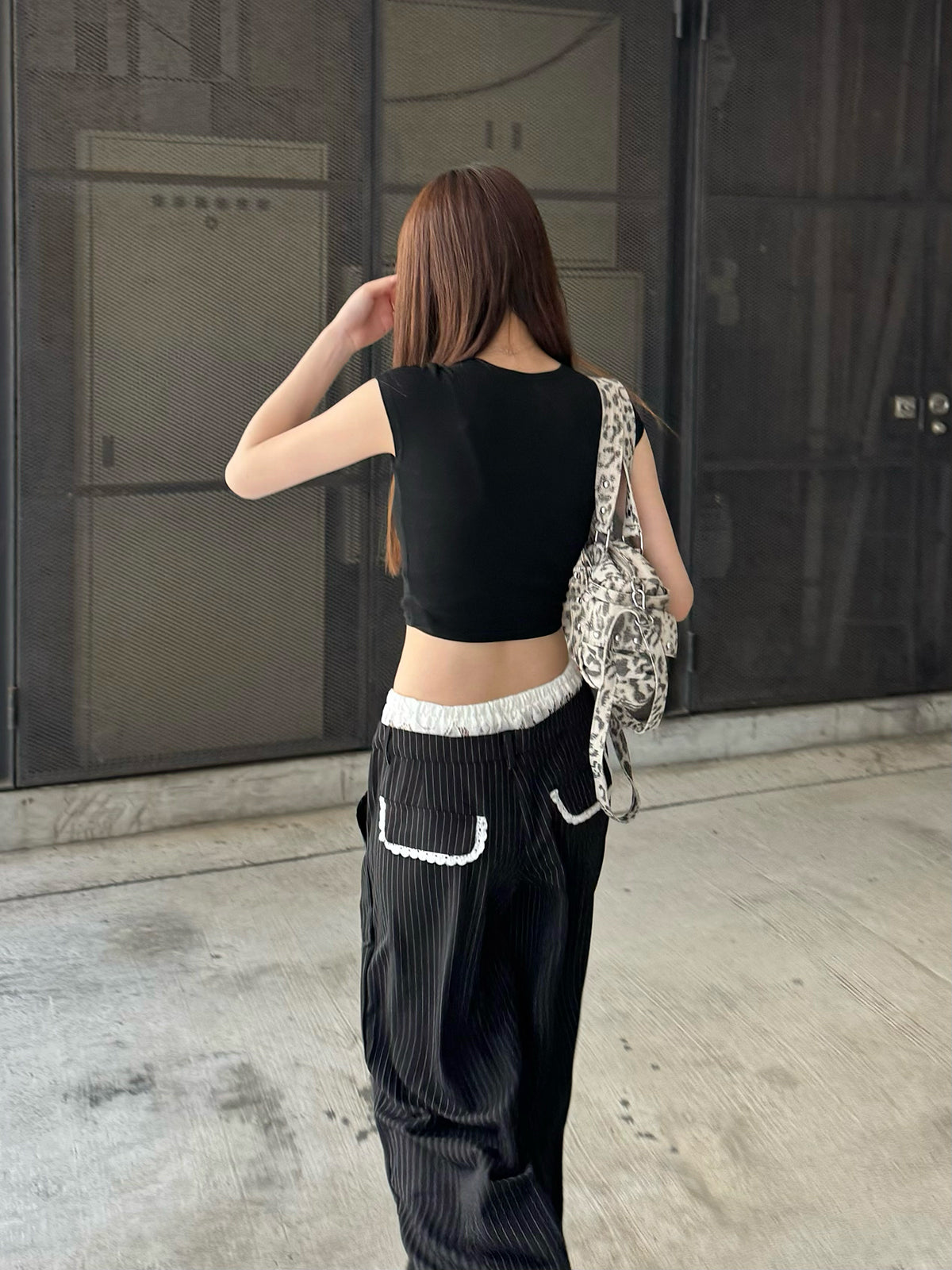 细条纹蕾丝西裤