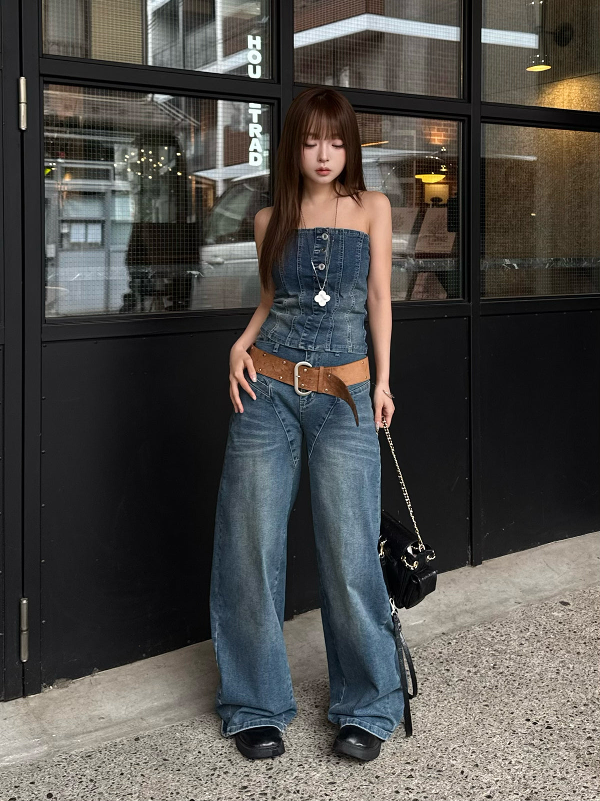 베어탑 루즈 데님 세트업