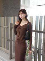 デザインネックリブニットワンピース - ブラウン