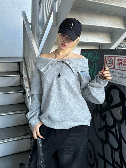 스냅 버튼 오프숄더 스웨트셔츠