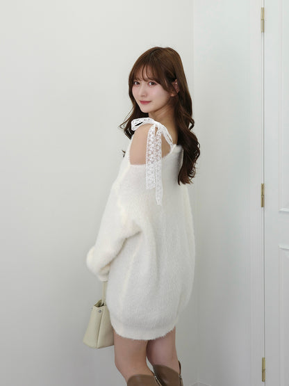 レースリボンチュニックニット