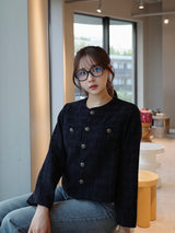 ノーカラーツイードジャケット - ネイビー