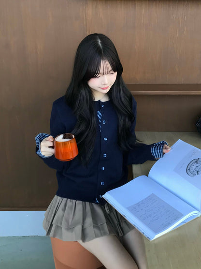 クルミボタンチェックニットカーディガン