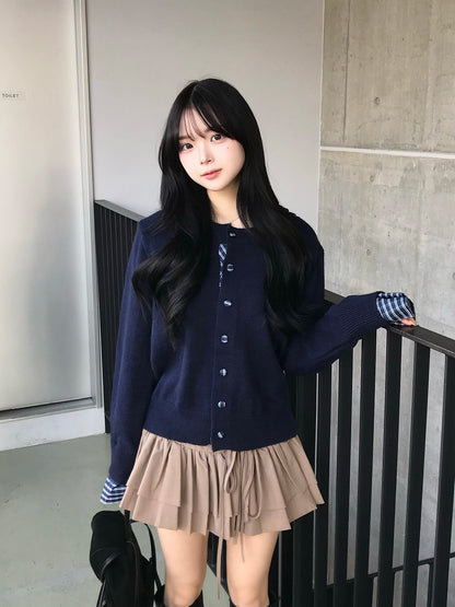 クルミボタンチェックニットカーディガン