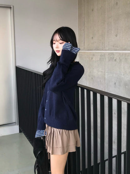 クルミボタンチェックニットカーディガン