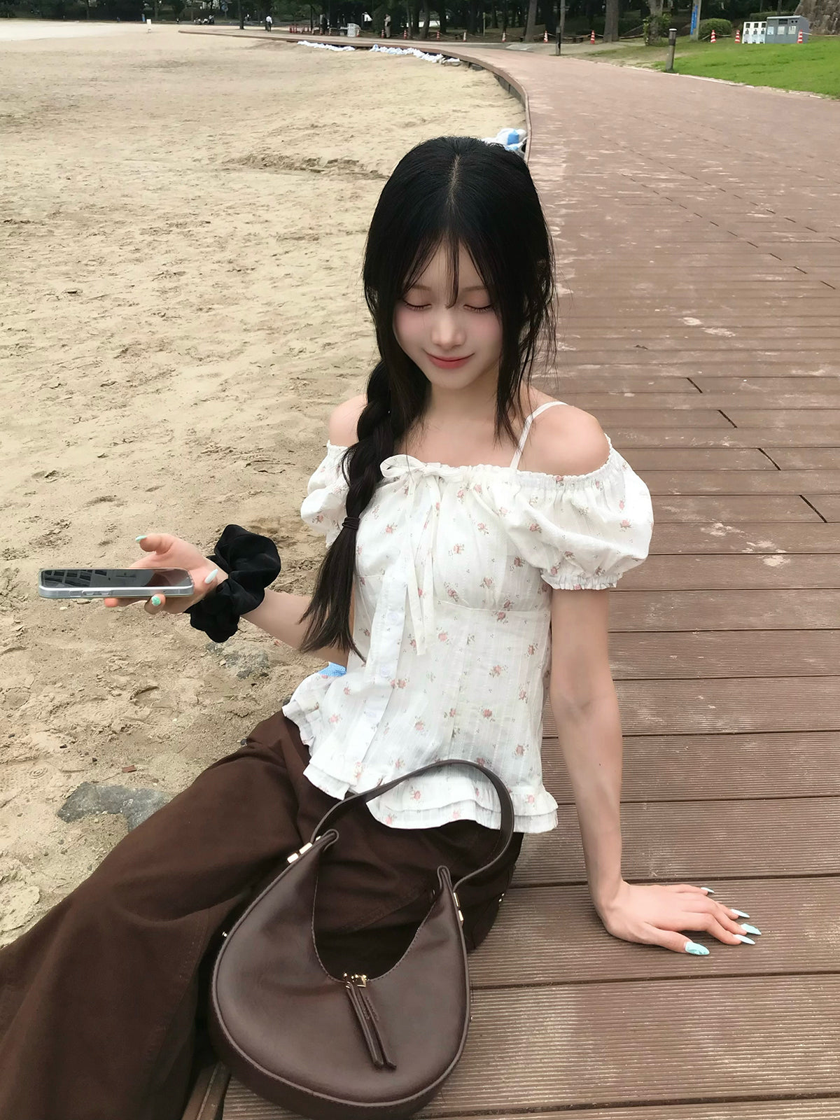 フラワーリボンパフブラウス