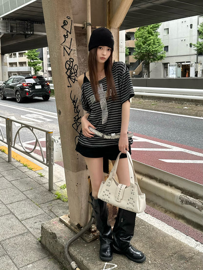 クロススタッズワンショルボーダーTシャツ