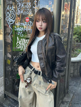 ヴィンテージレザータッチジップブルゾン - ブラウン