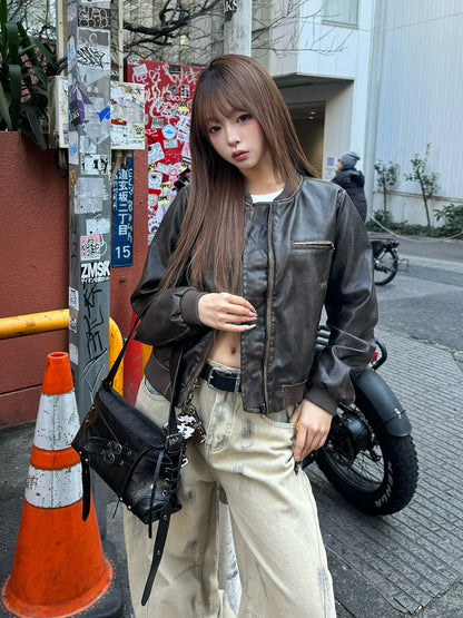 ヴィンテージレザータッチジップブルゾン