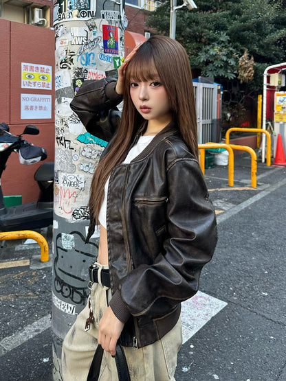 ヴィンテージレザータッチジップブルゾン