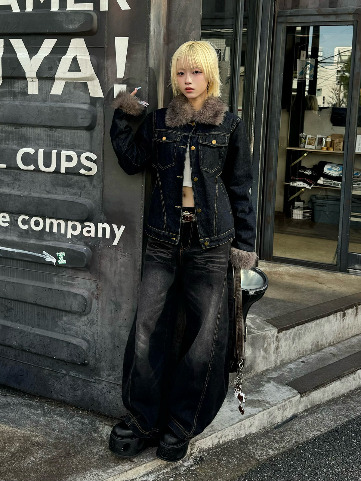 ファーライクカラーデニムジャケット