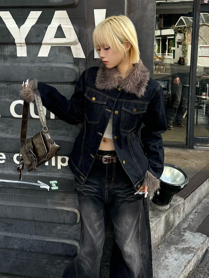 ファーライクカラーデニムジャケット