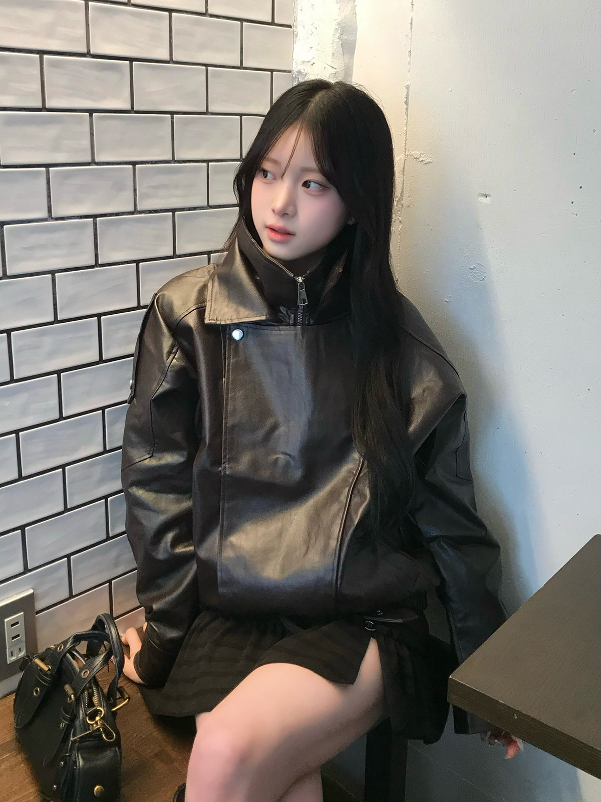 レイヤードカラーレザータッチジャケット