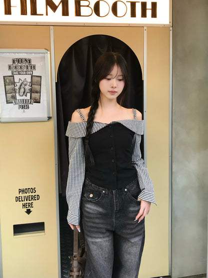 オフショルダーギンガムチェックカットソー