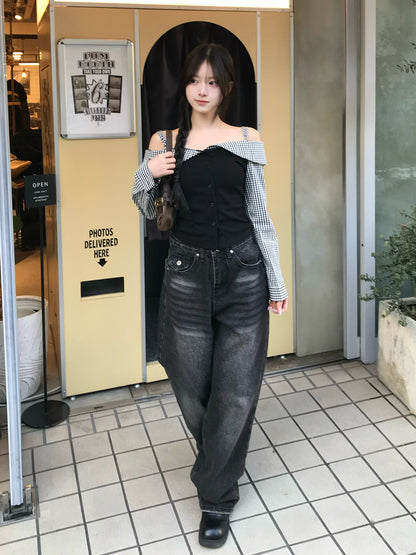 オフショルダーギンガムチェックカットソー