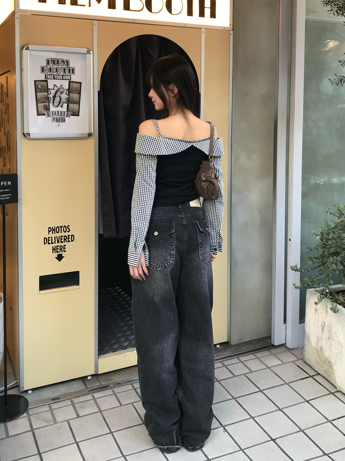 オフショルダーギンガムチェックカットソー