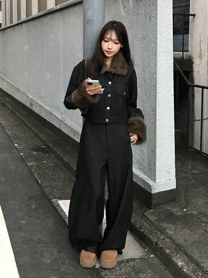 毛絨觸感夾克丹寧套裝