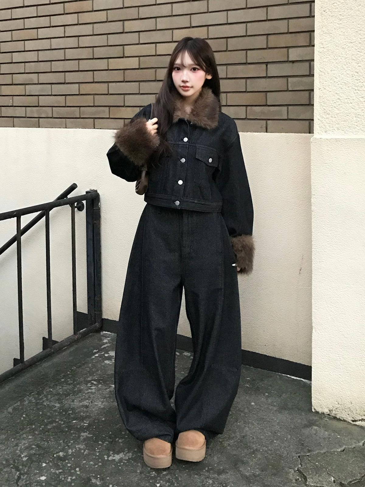 毛絨觸感夾克丹寧套裝