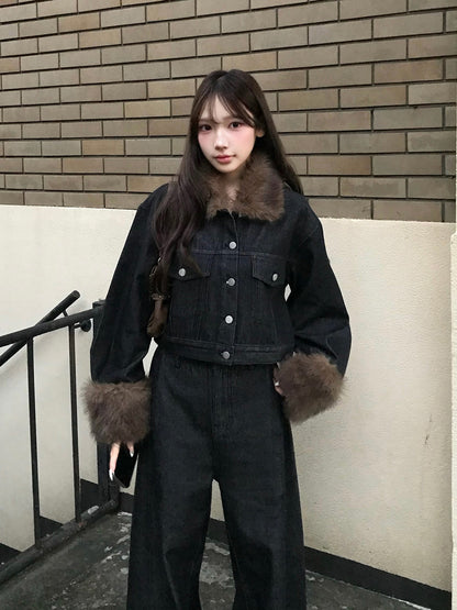 毛絨觸感夾克丹寧套裝