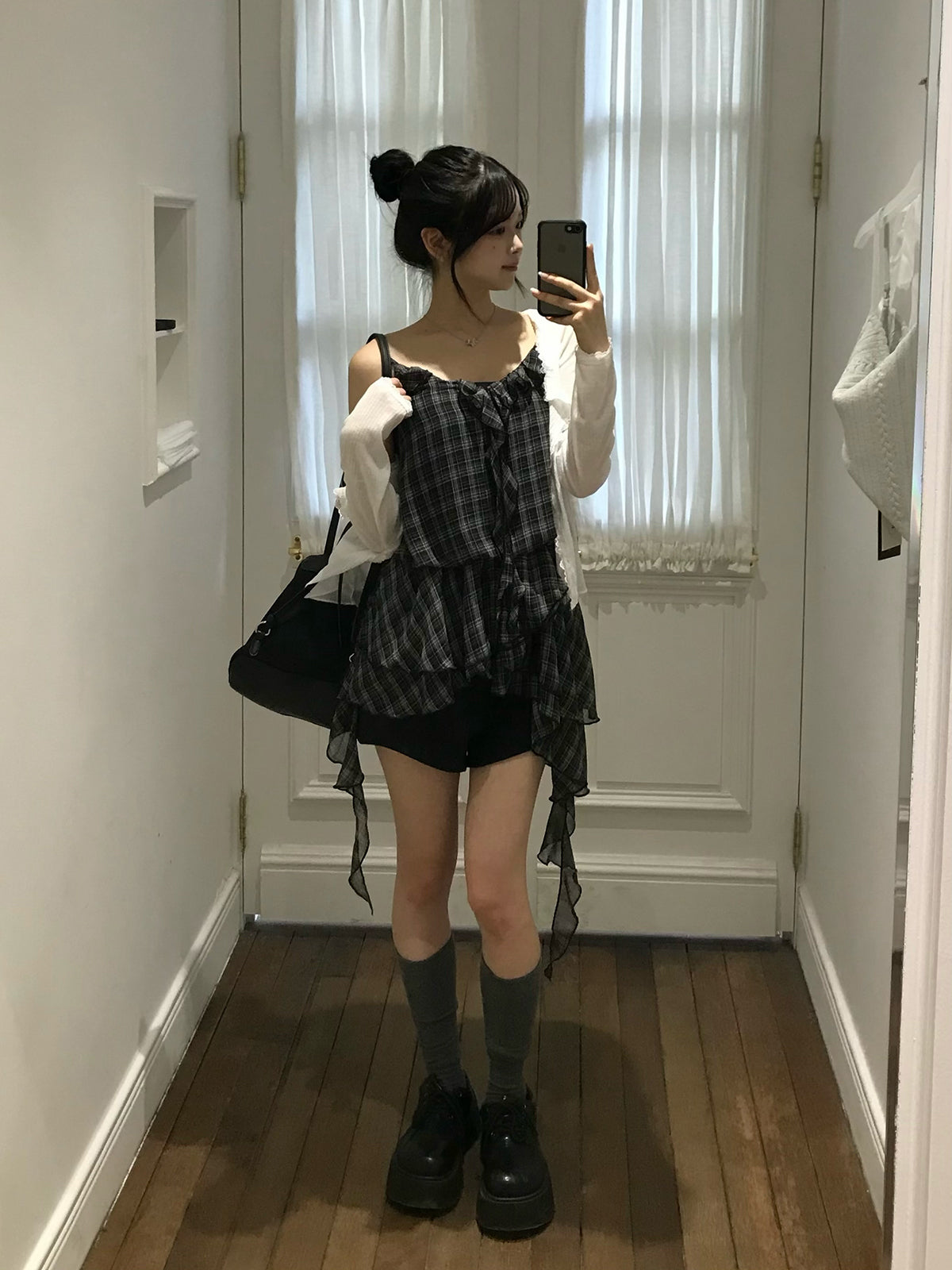 チェックフリルアシメミニワンピース