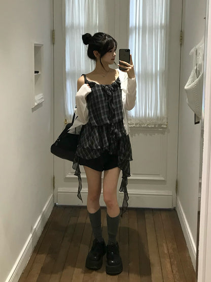 チェックフリルアシメミニワンピース