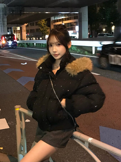 ラインストーンファータッチフードパデッドブルゾン
