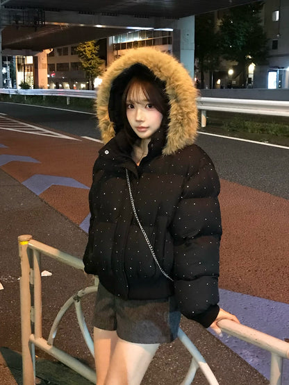 ラインストーンファータッチフードパデッドブルゾン