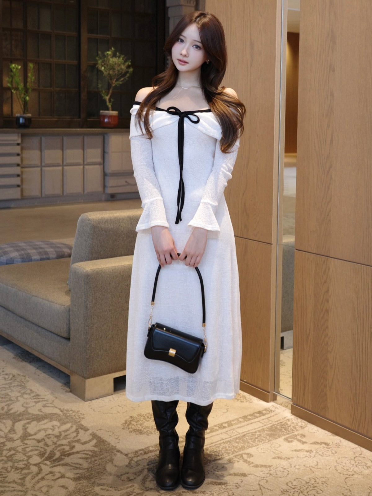 メッシュワッフルオフショルリボンワンピース – ANDOR ONLINE
