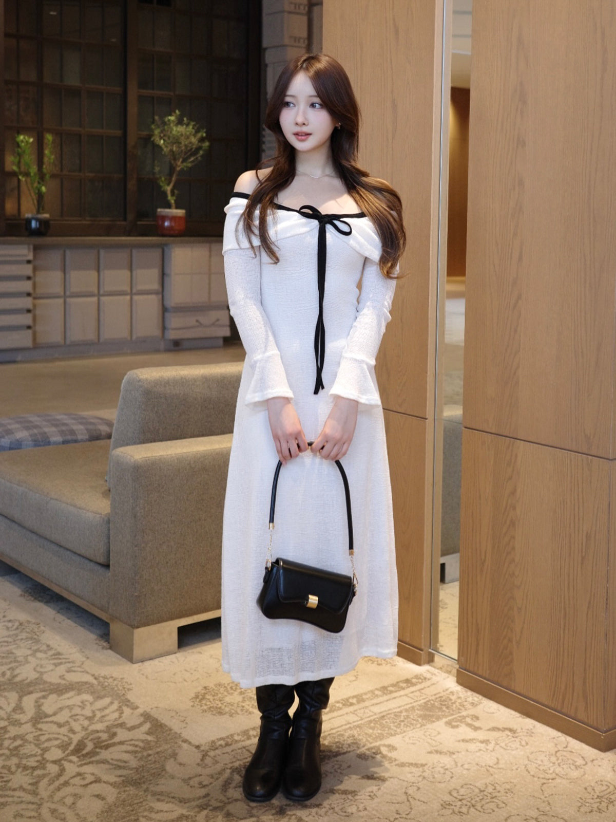 メッシュワッフルオフショルリボンワンピース – ANDOR ONLINE