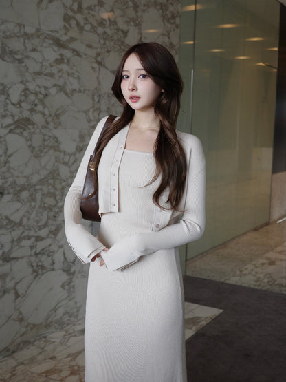 フロントボタンフレアニットセットワンピース