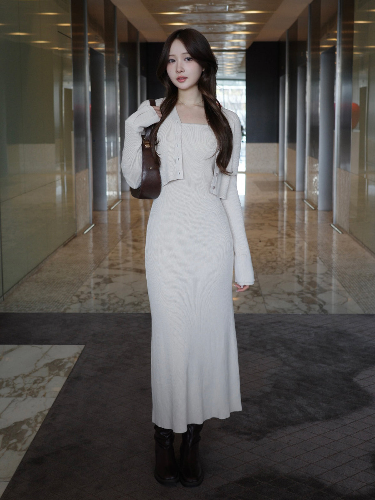 フロントボタンフレアニットセットワンピース