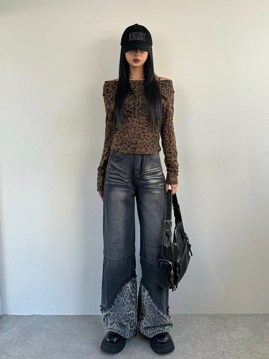 Leopard Hem Denim Pants