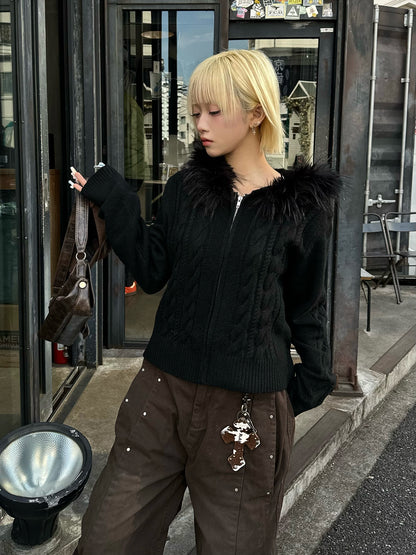 扭纹针织毛绒触感连帽卫衣