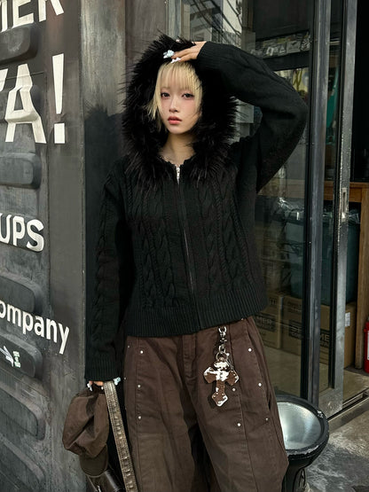 扭纹针织毛绒触感连帽卫衣