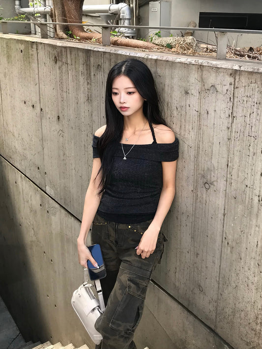 ホルターネックリブオフショルカットソー