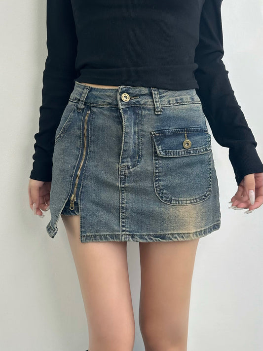 Zipper Wash Denim Mini Skirt