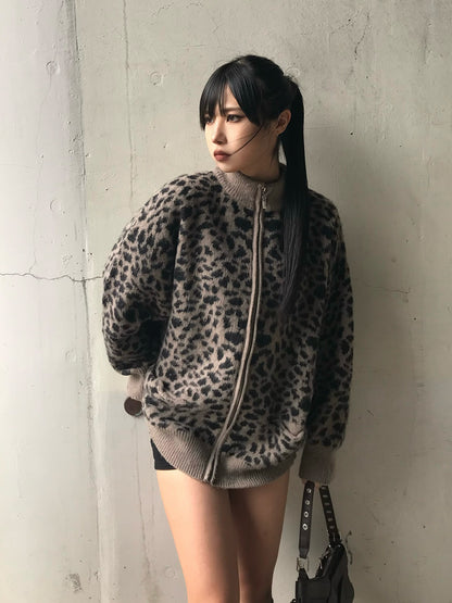 Leopard design zip knit cardigan