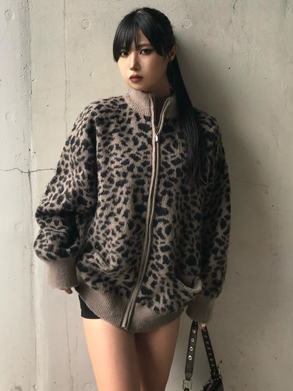 Leopard design zip knit cardigan