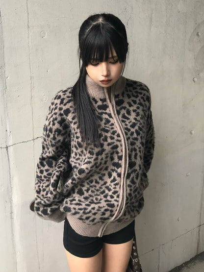 Leopard design zip knit cardigan