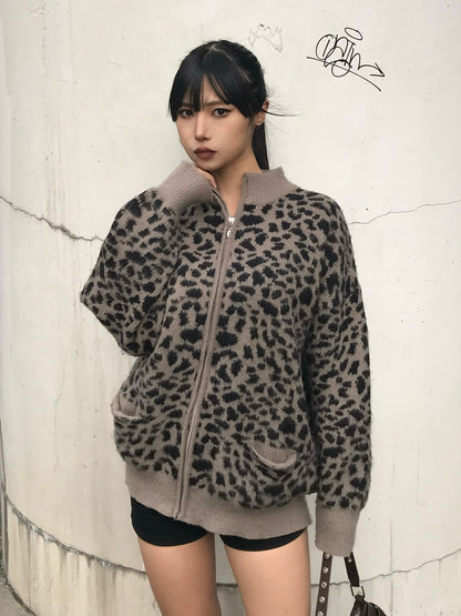 Leopard design zip knit cardigan