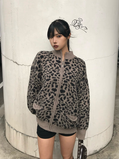 Leopard design zip knit cardigan