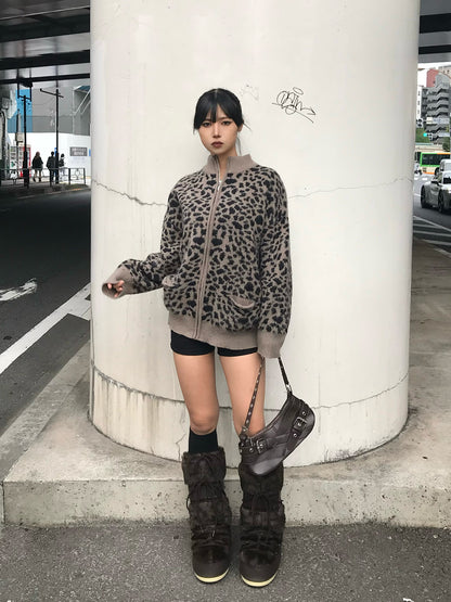 Leopard design zip knit cardigan