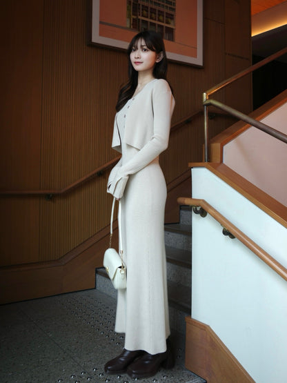 フロントボタンフレアニットセットワンピース