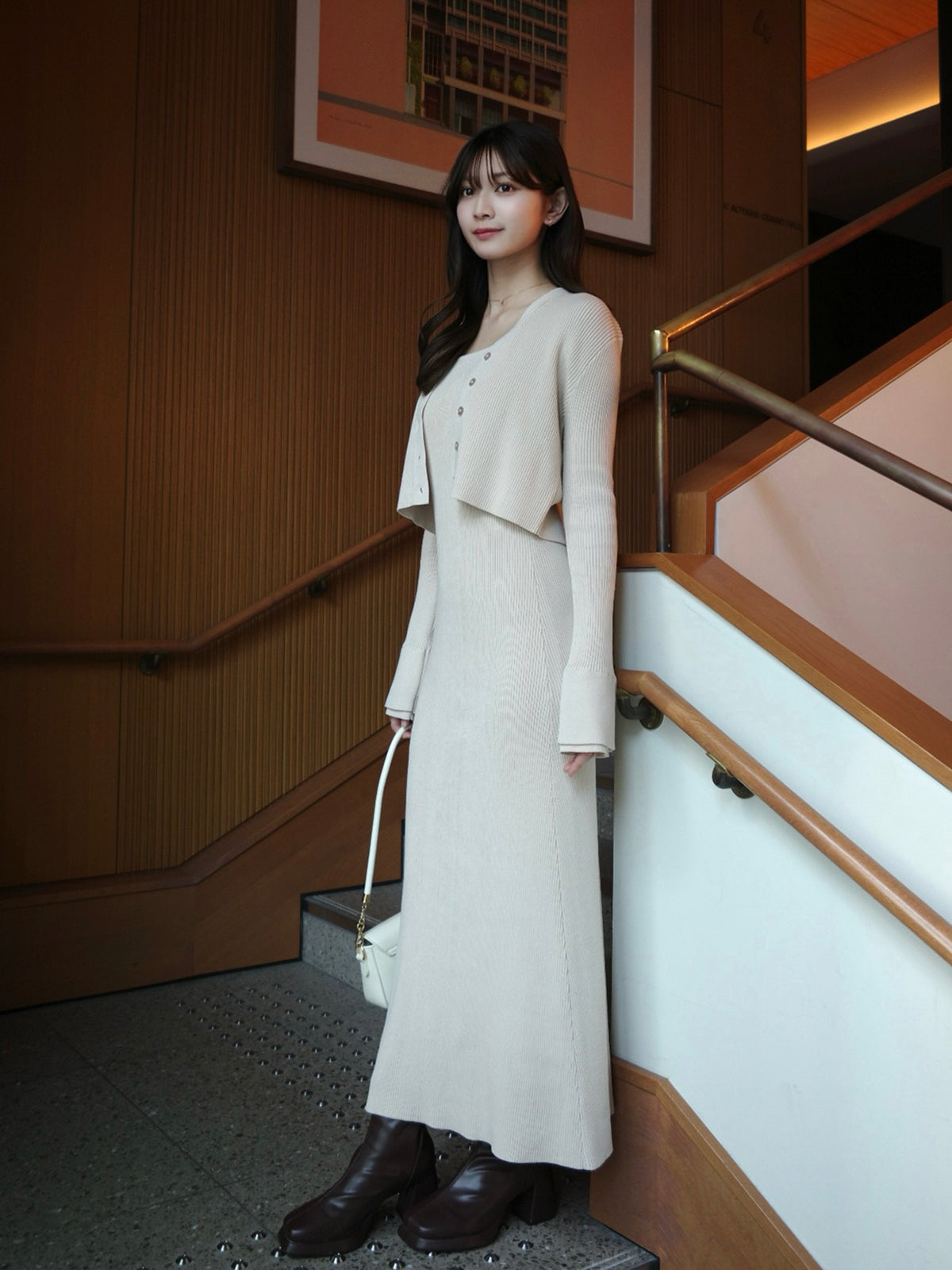 フロントボタンフレアニットセットワンピース