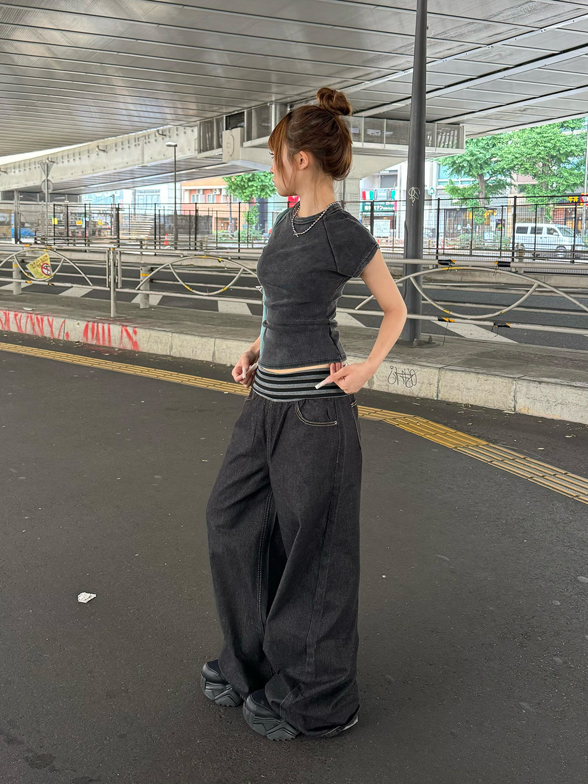 ウエストボーダーデニムパンツ