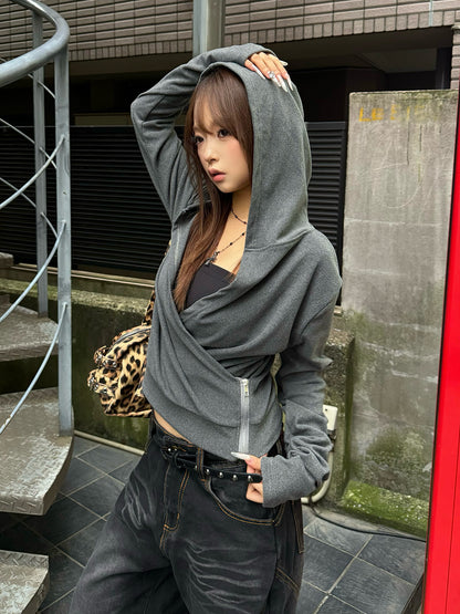 カシュクールフーディークロップドカットソー