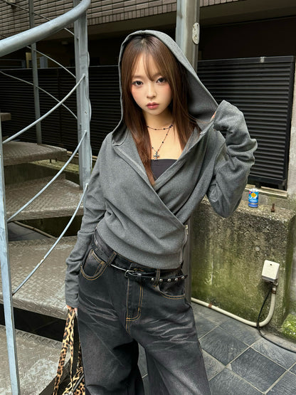 カシュクールフーディークロップドカットソー