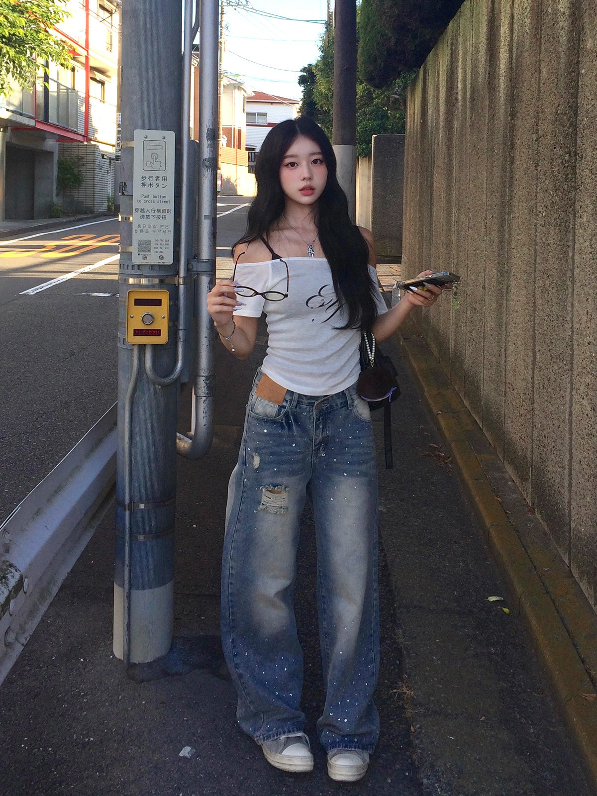 ラインストーンウォッシュデニムパンツ　