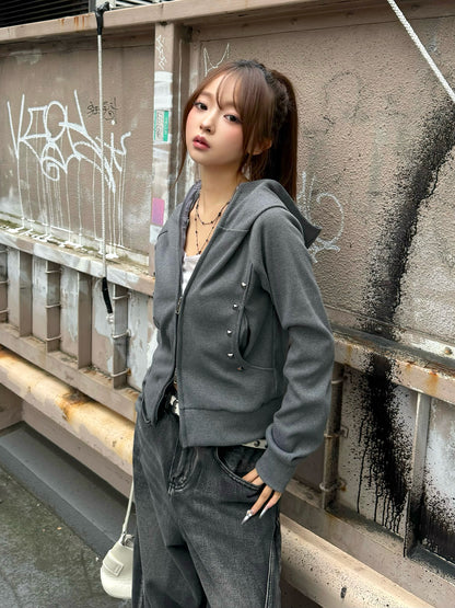 スタッズダブルジップリブパーカー